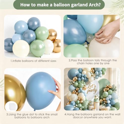 Image of Dusty Blue Green Balloon Arch Kit,White,Gold,144 pcs | Different Sizes for18 12 10 5 inch ,Baby Shower,Wedding,Bridal Boho, Birthday Party,Decorations