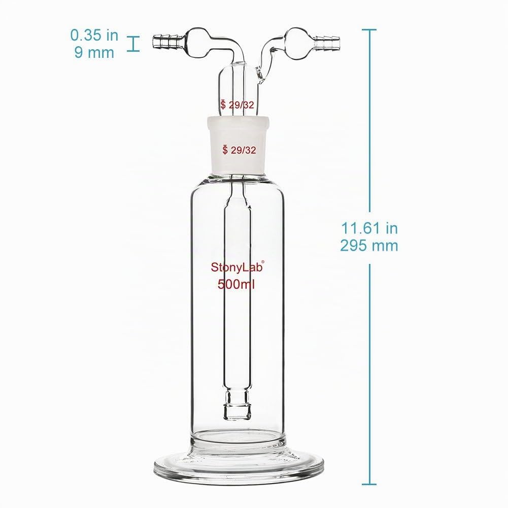 stonylab Frasco Drechsel para Lavado de Gas, Frasco de Vidrio de Borosilicato para Lavado de Gas con Junta Estándar 29/32 y Manguera Dentada de 8 mm, Capacidad de 500 ml