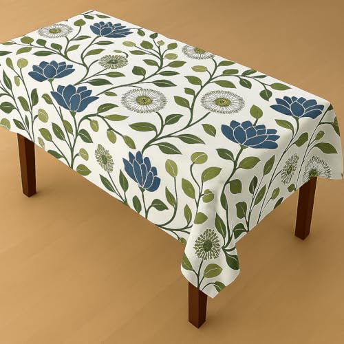 Image of Styleys Dining Table Cover Waterproof with for Kitchen Dining Table Cloth Dust and Oil Repellent (140x220, 1 Table Cover Only, White /Green Blue Flower, CTSD13)