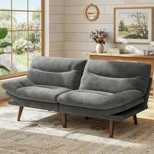 Marsail 74.8" Futon Sofa Bed, Corduroy Convertible Futon Couch with Adjustable Backrest & Armrests, Small Sleeper Sofa Loveseat for Small Apartments, Study Room, Office, Grey by Marsail - Used condition - US$163.72