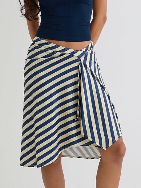 Women Y2k Striped Midi Wrap Skirt Casual Asymmetrical Low Waist Flowy Long Skirt Streetwear3