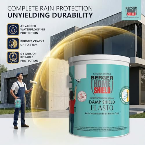 Image of BERGER HomeShield Dampstop Elasto Waterproofing Membrane Damp Proof Basecoat for Exterior Walls Self Priming Anti-Carbonation Solution (1L, White)