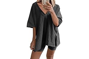 Women's Two Piece Outfits Oversized V Neck T Shirt Biker Shorts Reversible Sets Workout Tracksuit