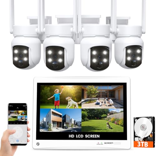 【5MP・360°首振り自動追尾】防犯カメラ 屋外 ワイヤレス YESKAMOO 12インチ一体型IPS防犯モニターとカメラ4台セット 10台まで増設 AI人物検知 フルカラー暗視撮影 双方向通話 Wi-Fi監視カメラ IP66防水 H.265+圧縮 24時間常時録画 屋内/屋外 セキュリティ 監視カメラ（500万画素無線防犯カメラ4台＋12インチ