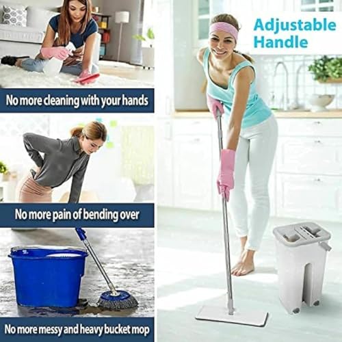 Image of Mop Heavy Quality Floor Mop with Bucket, Flexible Kitchen tap Flat Squeeze Cleaning Supplies 360 Flexible Head /2 Reusable Pads Clean Home Floor Cleaners