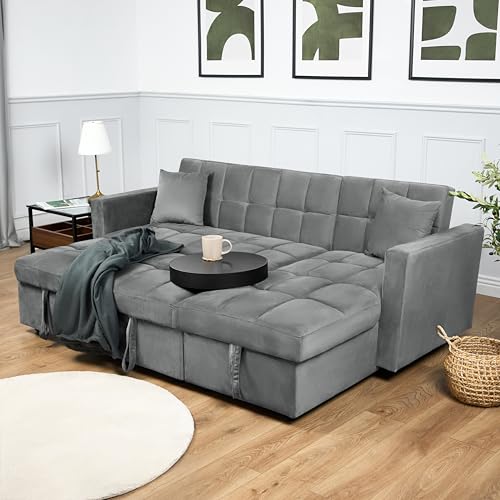 Bravich Milo Corner Sofa Bed with Storage – Luxury Velvet Feel L-Shaped Pull Out Sofa Bed | Reversible Chaise, Double Guest Bed, Space Saving Storage Sofa for Living Room & Apartments – Grey