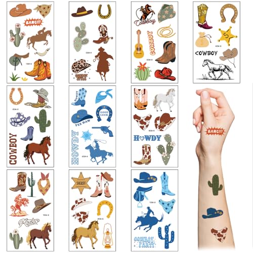 Western Cowboy Temporary Tattoos,10 Sheets Wild West Cowboy&Cowgirl Cactus Horse