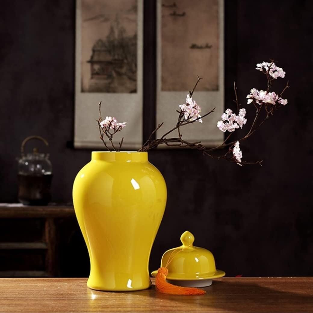 Food Storage Jar,Decorative Jar Ginger Jar Vase Decor Modern Ceramic Ginger Jar with Lid Yellow Decorative Porcelain Jars Temple Jar with Lids Flower Vase Ginger Jars Stora,A-18.5 * 35Cm