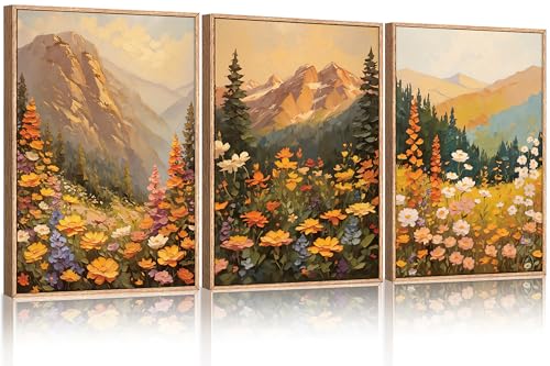ANHUIB Boho Sunset Framed Canvas Wall Art Set of 3 Colorful Wildflower Daisy Flower Wall Decor Boho Blossom Botanical Artwork Modern Nature Mountain Landscape Art Print for Living Room Bedroom 12"x16"