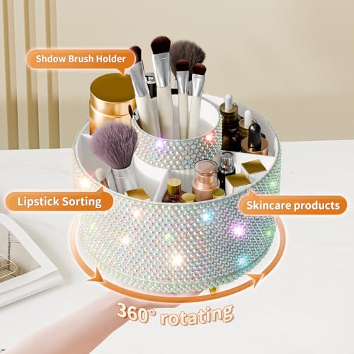 Image of fanado Bling 360 Rotate Makeup Brush Holder Organizer, Makeup Organizers Countertop, Makeup organization and Skincare Storage for Vanity, Gift for Women Girls (Bling dz-White AB)