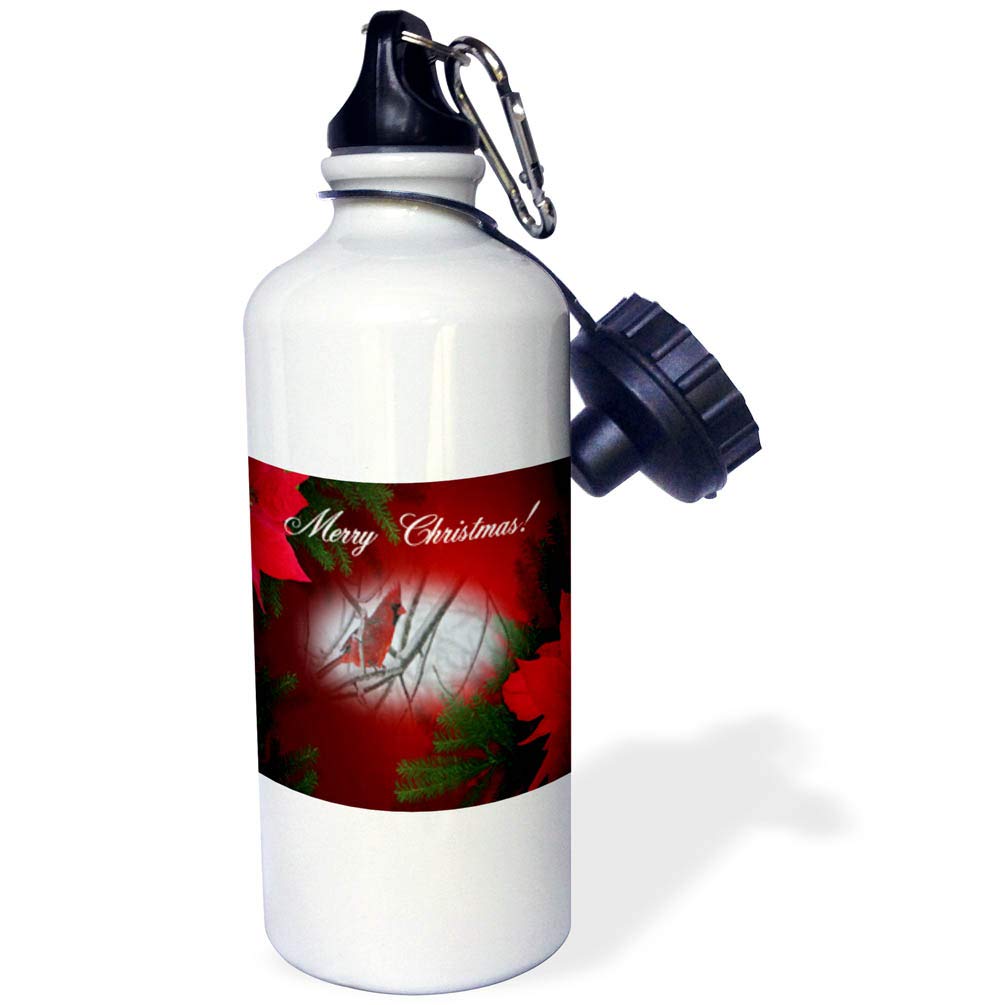 3dRose Redbird and Poinsettias Merry Christmas Sports Water Bottle 21 oz White