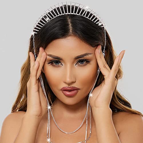IYOU Mary Halo Crown Headband Silver Sparkly Rhinestone Goddess Headpiece Tassel Wedding Party Costume Hair Tiara Headwear for Women(Silver-B) - Image 2