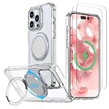 【強化フィルム2枚付き】HCXLYP iPhone 15 Pro Max ケース Magsafe対応 スタンド付き マグネット搭載 ワイヤレス充電 耐衝撃 マット感 半透明 指紋防止 アジャスタブルスタンド アイフォン15プロマックス カバー クリア