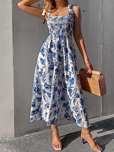 Floerns Women's Floral Print Tie Strap Square Neck Ruffle Boho Maxi Dress Blue White M #TOP5