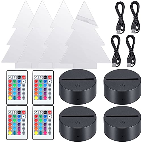 Image of Honoson 4 Set 3D Night Light Kit with Remote, 16-Color Base for Acrylic Sheets, 4 Modes for Bedroom Decor(Christmas Tree Style)