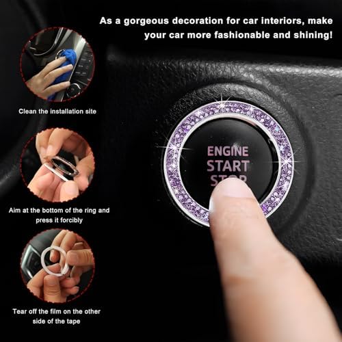CCHRN Car Bling Engine Start Ring Decals, Crystal Rhinestone Push Start Button Decorative Ring, Universal Sparkling Key Ignition Knob Cover for Women Girls, Car Accessories (Purple) - 3