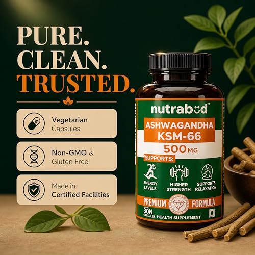 Image of Nutrabud Ashwagandha KSM66 500mg - 30 Capsules - KSM 66 Ashwagandha Tablets for Men & Women - 5% Withanolides for Stress Relief, Energy & Recovery Support (30 Count (Pack of 1), Unflavoured)