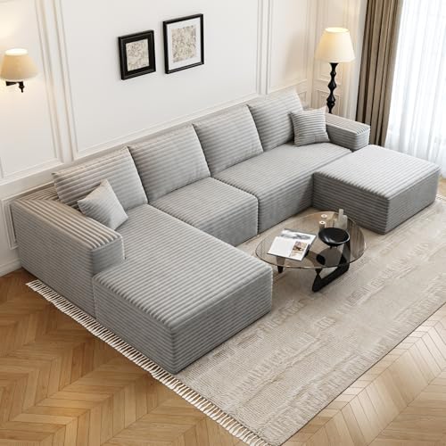 Image of 135.4 inch Cloud Modular Sectional Sofa with 1 Ottoman,Modern Minimalist Upholstered Couches, Comfort U Shaped Sofa for Living Room,Deep Seat Corner Couch,No Assembly Required (Grey,Left Facing Chaise)