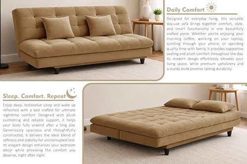 Image of Modern Foldable 3-Seater Futon Sofa Bed with Tufted Sleeper Couch Sofa with Adjustable Backrest- Living Room Furniture-Golden