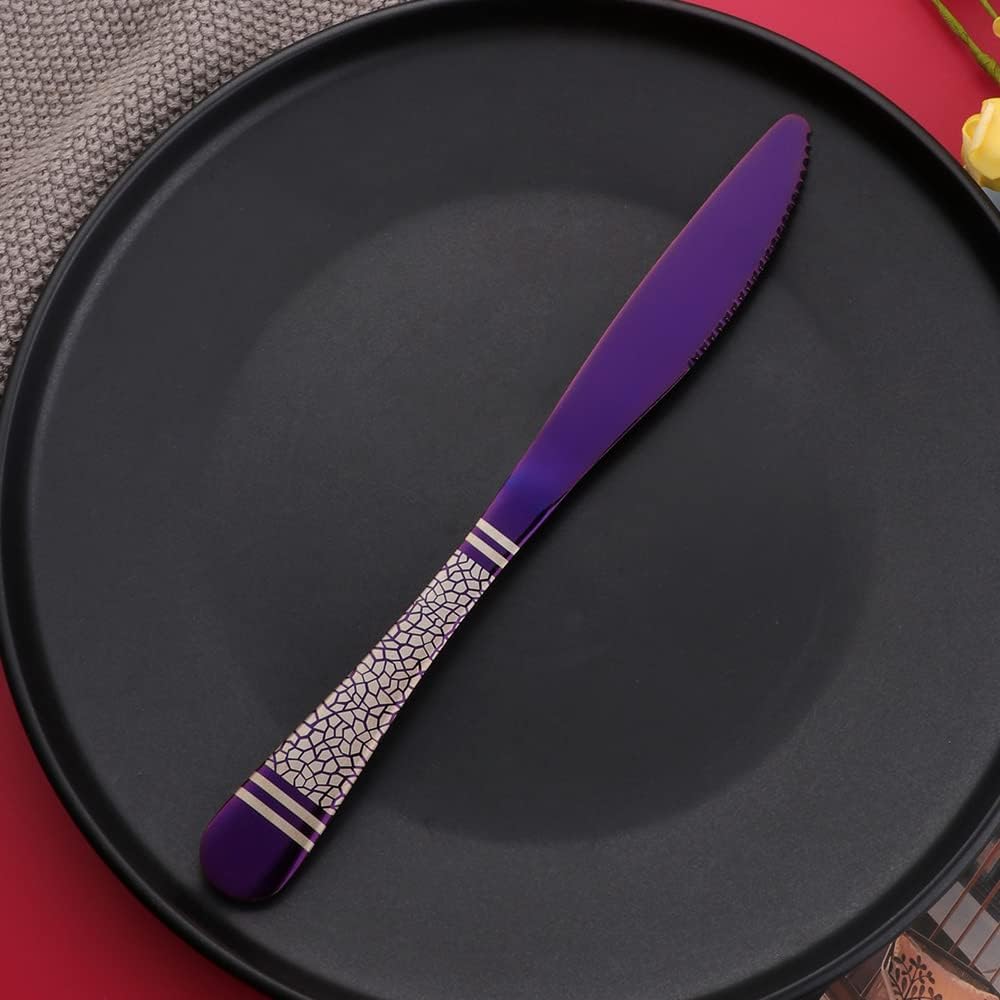Hammered Dinner Knives, 12-piece Stainless Steel Dinner Knives, Steak Knives, Titanium Utensils Table Knives Stainless Steel Silverware Set, Modern Knives, 8.8 Inches Mirror-Polished -Purple