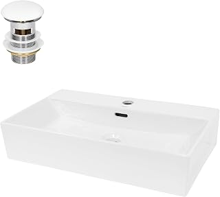 ECD Germany Waschbecken Waschtisch 605x365x130 mm Eckig Keramik Weiß inkl. Ablaufgarnitur für Waschbecken mit Überlauf Aufsatzbecken Aufsatzwaschbecken Aufsatzwaschtisch Waschschale Spülbecken Becken