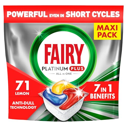 Fairy Platinum Plus Cytryna Tabletki do zmywarki All in One, 71 tabletek, najlepsze czyszczenie, aby naczynia były lśniąco czyste, nadają połysk i zapobiegają powstawaniu kamienia