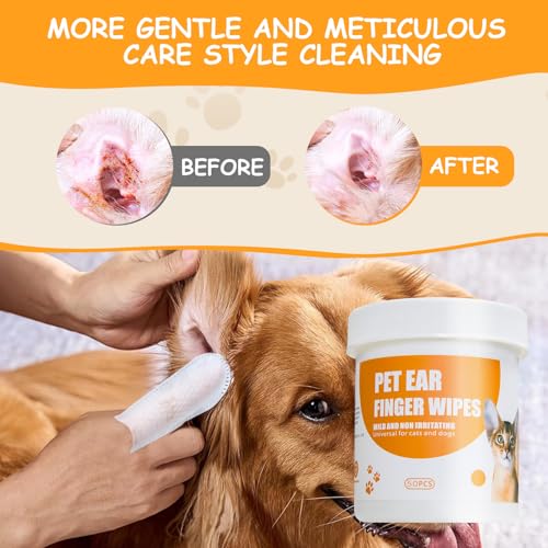 Image of Ear Finger Wipes for Dogs & Cats, 50 Count Dog Ear Cleaner Finger Wipes, for Dirty, Waxy, Smelly Ears - Soothes & Relieves Ear Itching, All Natural Ingredients
