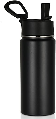 Volhoply Botella de agua aislada para niños con popote, botellas de agua fría de acero inoxidable de 16 onzas para la escuela, tazas de boca ancha