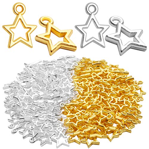 Star Pendant Charms, 200pcs Tibetan Star Charms Pentagram Pendant Mini Star Shape Celestial Charms for DIY Bracelets Necklace Jewelry Making Crafting, Golden and Bright Silver, 13x10mm