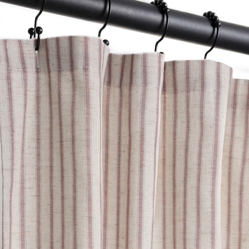 CasaTena Farmhouse Striped Shower Curtain - Extra Long 72x84 Inches Linen Blend Fabric Breathable & Machine Washable Rustic Rust for Bathroom Decor (Hooks/Liner Not Included)