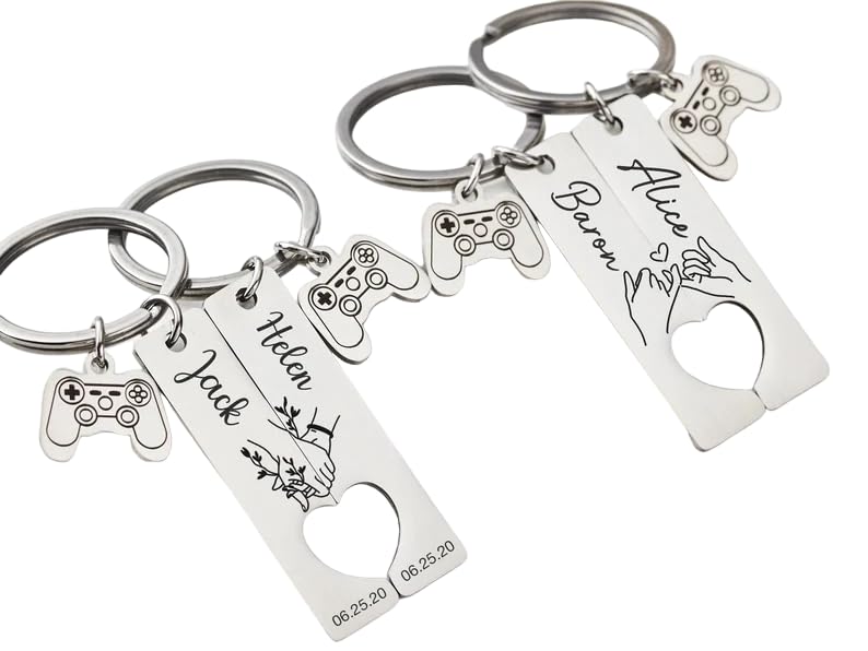 Image of Luigi Personalized Couple Keychain Set Heart,Gift for Boyfriend Girlfriend,Engraved Couple Home Keyring,Customised Name and Date Metal Key chain,The Keyring Comes With a Gamepad Accessory Charm.