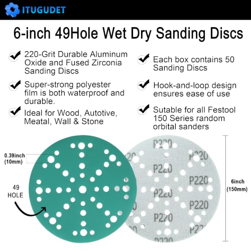 Image of 6 Inch 49 Hole Wet Dry P220 Grit Sanding Discs - 50 Pack Box | Fits Festool ETS / RO 150 Sanders, Zirconia Heavy-Duty Hook & Loop Film Sandpaper for Wood, Auto, Metal, Paint, Body & More