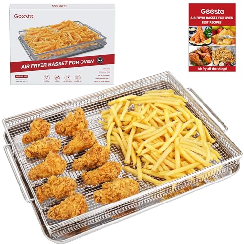 Comparison: Best Pan For Air Fryer Oven 9 Air Fryer Basket for Oven with 50 Recipes, Extra Large 2 Piece Nonstick Crisper Tray & Basket, Stainless Steel Air Fryer Accessories for Crispy Foods Healthy Cooking, Dishwasher Safe, 16.5” x 12.5”