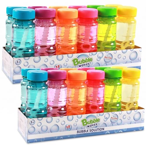 Big Bubble Bottle 24 Pack - 4oz Blow Bubbles Solution Novelty Summer Toy - Activity Party Favor Assorted Colors Set
