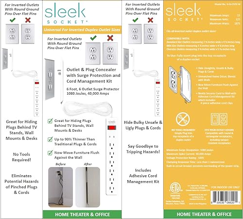 Sleek Socket Original y Patentado Extensión Ultra Delgada con Multi Tomas Protector contra Sobretensiones Power Strip, Ideal para Oficina en Casa y Home Theater miniatura 5
