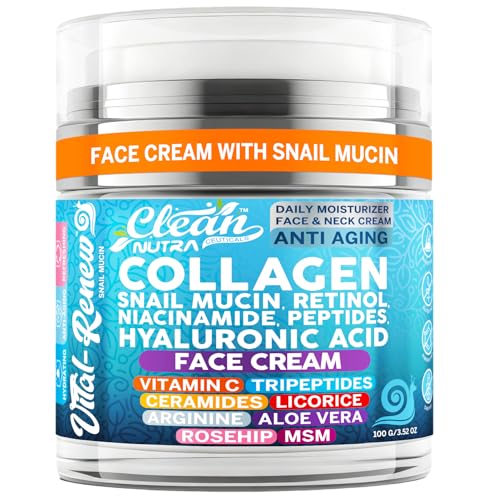 Snail Mucin Collagen Face Cream - Anti Aging Moisturizer with Retinol Niacinamide Hyaluronic Acid Peptides Vitamin C Ceramides - Korean Skincare Anti Aging Daily Face and Neck Cream - 3.52 oz 100g