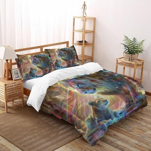 Parure de lit microfibre motif lion housse de couette zippée