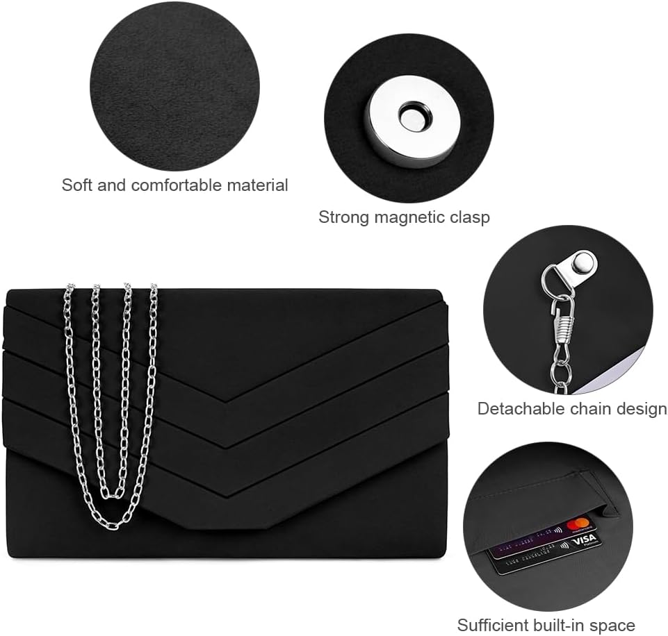 OSDUE Clutch Purses For Women, Suede Envelope Evening Purse V Shape Suede Clutches Crossbody Shoulder Clutch Bag, Formal Party Clutches Wedding Purses Cocktail Prom Handbags - (Black) - Image 7