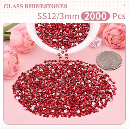Image of 2000PCS SS12 /3mm Crystal Glass Rhinestones for Bedazzling (Red /Siam) | Flatback Rhinestones for Crafting DIY Nail Art Makeup Decoration, Gems Diomand Charms for Tumbler Shoes Clothing Mug