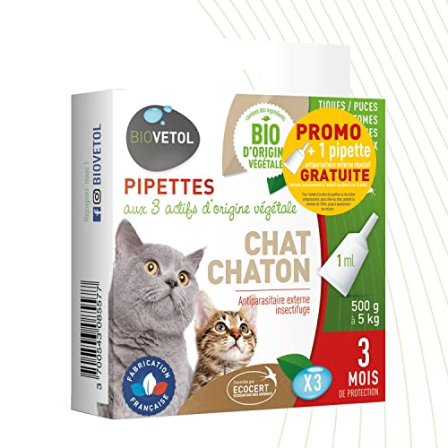 Biovetol - Pipettes Insectifuges Chat - Antiparasitaire Bio Certifié Ecocert - Anti-puces, Anti-Tiques - Soin pour Chat et Chaton - 3 x 1 ML (3 Mois)