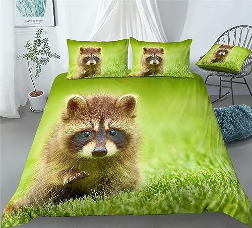 REALIN Raccoon Bedding Baby Raccoon Small Animal Jungle Duvet Cover Set Girl Boy Kids Bed Sets 2/3/4PCS Quilt Covers/Sheets/Pillow Shams,Twin/Full/Queen/King (B,Twin-172x218cm-3PCS)