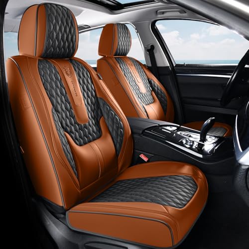 Image of Coverado Car Seat Covers Full Set, Nappa Leather Seat Covers for Car, Waterproof Car Seat Protector with Lumbar Support, Automotive Seat Covers Universal Fit for Most Cars SUV Trucks (Brown-Black)