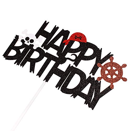 Pirate Theme Cake Topper Happy Birthday Cake Decoration For Kids Nautical Sailing Treasure Black And Red Skull Anchor Cake Topper Picks Party Decorations Supplies #TOP5