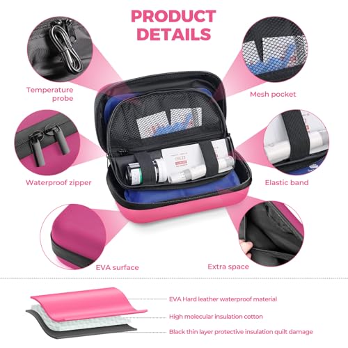 Image of TSA Approved Insulin Cooler Travel Case Diabetic Medication Bag With Thermometer Temperature Display Medication Diabetic Cooler Travel Medicine Organizer Bag for women & 2 Ice Pack-Rose red