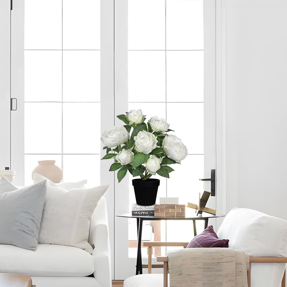 Hollyone White Fake Peonies Artificial Flowers in Pot 16.9" Small Peonies Tree Indoor Outdoor Faux Plants & Flowers Peony Silk Flowers Potted Plant Artificial Peony Floral Arrangement Desk Home Decor - Image 4
