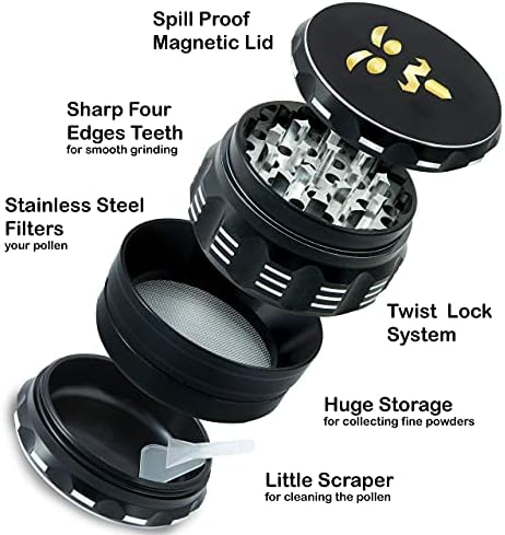Tryors Herb Grinder  Aluminium Spice Grinder with Magnetic Closure  Razor Sharp Teeth Metal Grinder  Anodized Finish Prevents Smudging  Includes Pollen Scraper and Protective Pouch