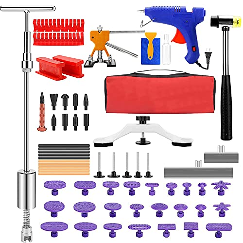SILIVN Car Dent Puller Kit - 64 pcs Paintless Dent Repair Kit with Golden Dent Puller and Slide Hammer T-Bar Dent Puller for Car Body Dent Repair & Small Ding Hail Dent Removal