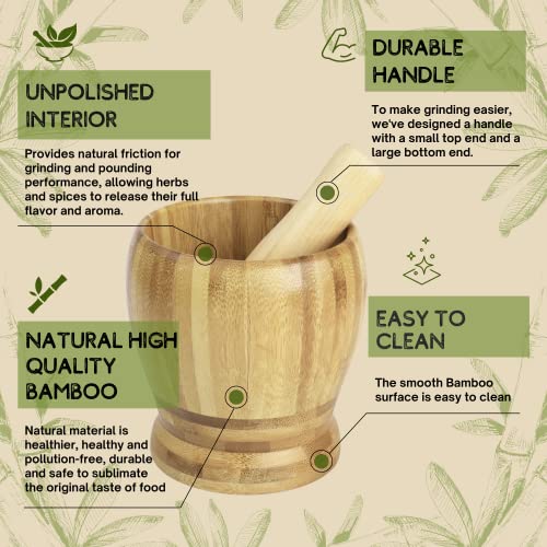 Flexzion Wooden Mortar And Pestle Set 5-Inch Bamboo Bowl And Grinder Set, Wood Molcajete Muddler And Bowl With Lid And Spoon For Guacamole, Herbs, Spices, Garlic, Medicine Pills, Seeds, And More #TOP2