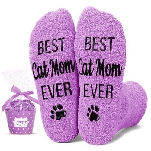 HAPPYPOP Funny Cat Gifts for Women - Novelty Cat Mom Socks Birthday Purple Fuzzy Gifts for Animal Lovers Her