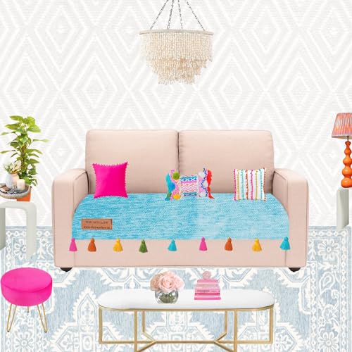 Image of WWW.THROWPILLOW.IN Blue Sofa Cover Multicoloured Tassels: Sofa Slipcover: Thick Fabric, Anti-Slip, Stylish & Functional: Seat Protection -Set of 3 Seat Covers- 4 Seater Sofa Cover Set (2+1+1 Seater)